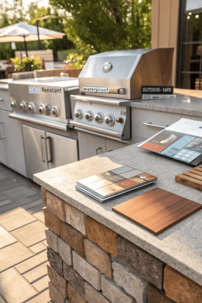 Close-up of outdoor kitchen materials like stainless steel, granite, and stone displayed on a table, highlighting durable and weather-resistant construction options.