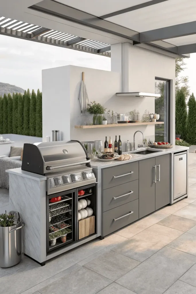 Modern outdoor kitchen with stainless-steel grill, mini fridge, sink, and storage cabinets neatly arranged for efficient outdoor cooking and organization.