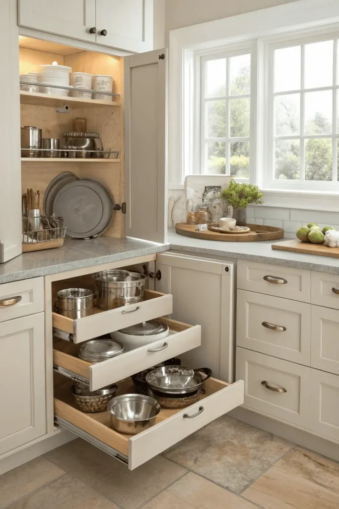 Modern kitchen with pull-out drawers, a lazy Susan in a corner cabinet, and a tall pantry showing organized storage solutions.