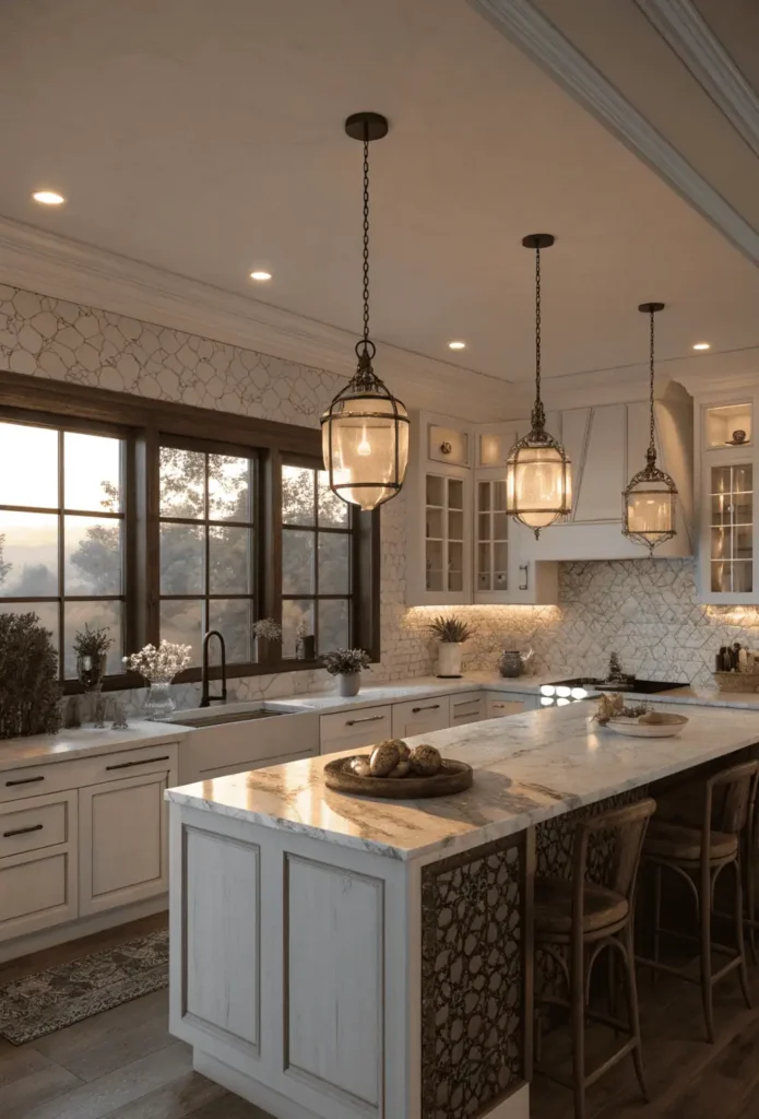 Bright modern kitchen with pendant lights, recessed ceiling lights, and under-cabinet LEDs creating a warm and inviting ambiance
