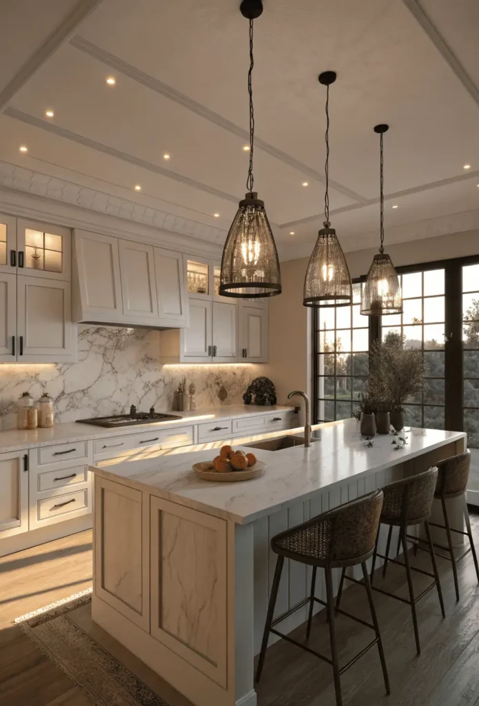 Bright modern kitchen with pendant lights, recessed ceiling lights, and under-cabinet LEDs creating a warm and inviting ambiance