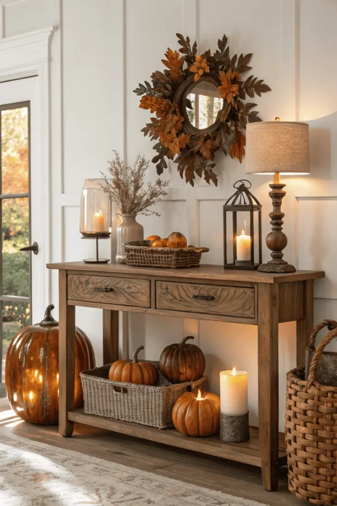 Elegant fall entryway with ceramic pumpkins, amber glass vases, candles, and woven baskets on a wooden console—showing how to incorporate accent décor pieces for a warm and stylish autumn home.