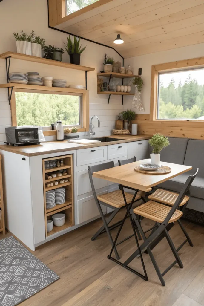 Compact kitchen with a rolling island, foldable chairs, and multi-functional furniture designed for small spaces.