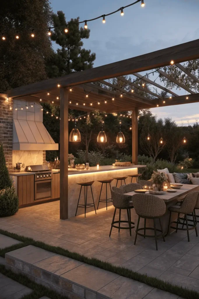 Outdoor kitchen at night with string lights, pendant lamps, and bar seating creating a cozy, inviting atmosphere for evening dining and relaxation.