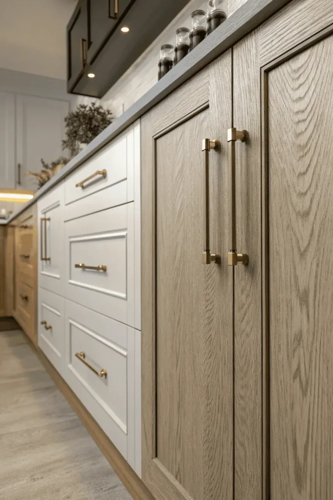 Close-up of kitchen cabinets with different hardware and finishes including brushed gold handles, silver pulls, and black knobs on matte, glossy, and wood textures.