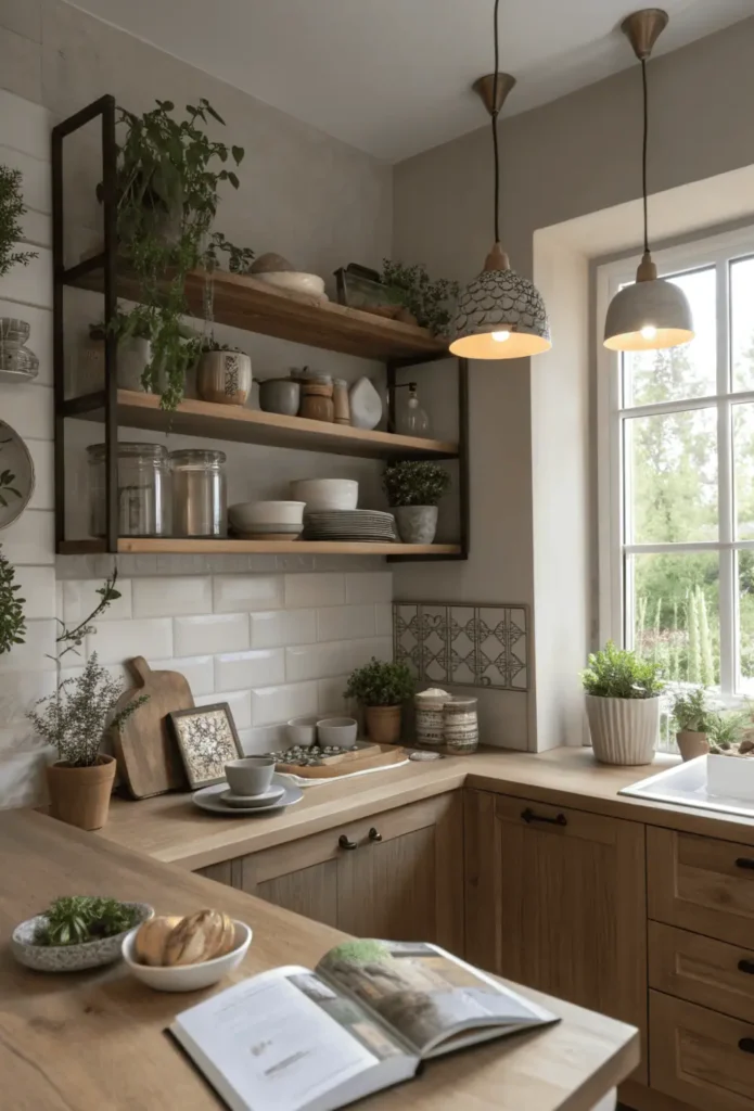 Cozy modern kitchen with open wooden shelves, potted plants, cookbooks, and soft lighting adding warmth and personality to the design