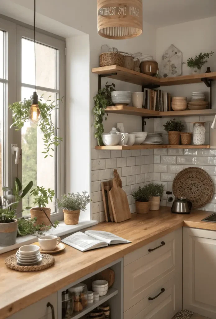 Cozy modern kitchen with open wooden shelves, potted plants, cookbooks, and soft lighting adding warmth and personality to the design