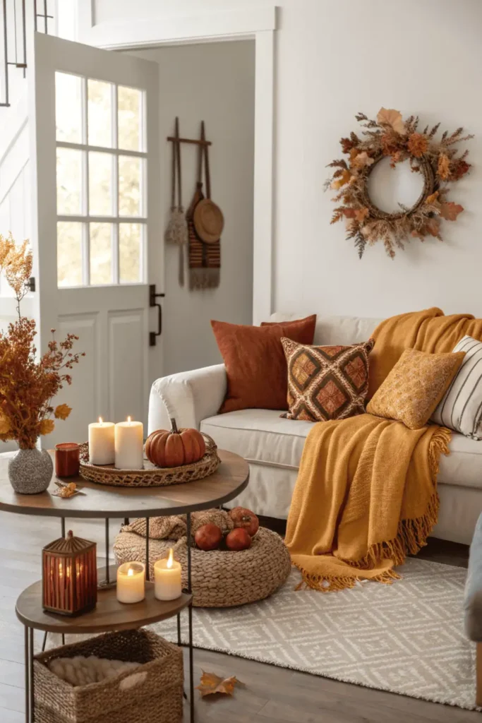 Warm fall home interior showing living room, entryway, and dining area styled with consistent autumn décor—illustrating how to transition by area for a cohesive seasonal look throughout the home.