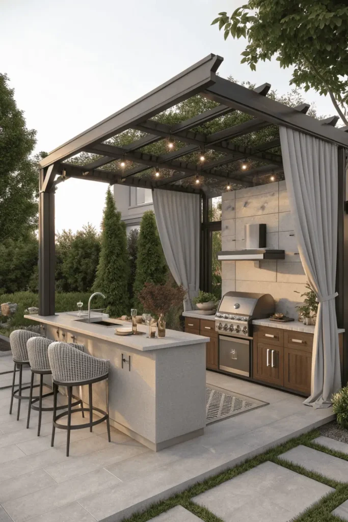 Outdoor kitchen under a pergola with retractable canopy providing shade and weather protection over the grill, countertop, and seating area.