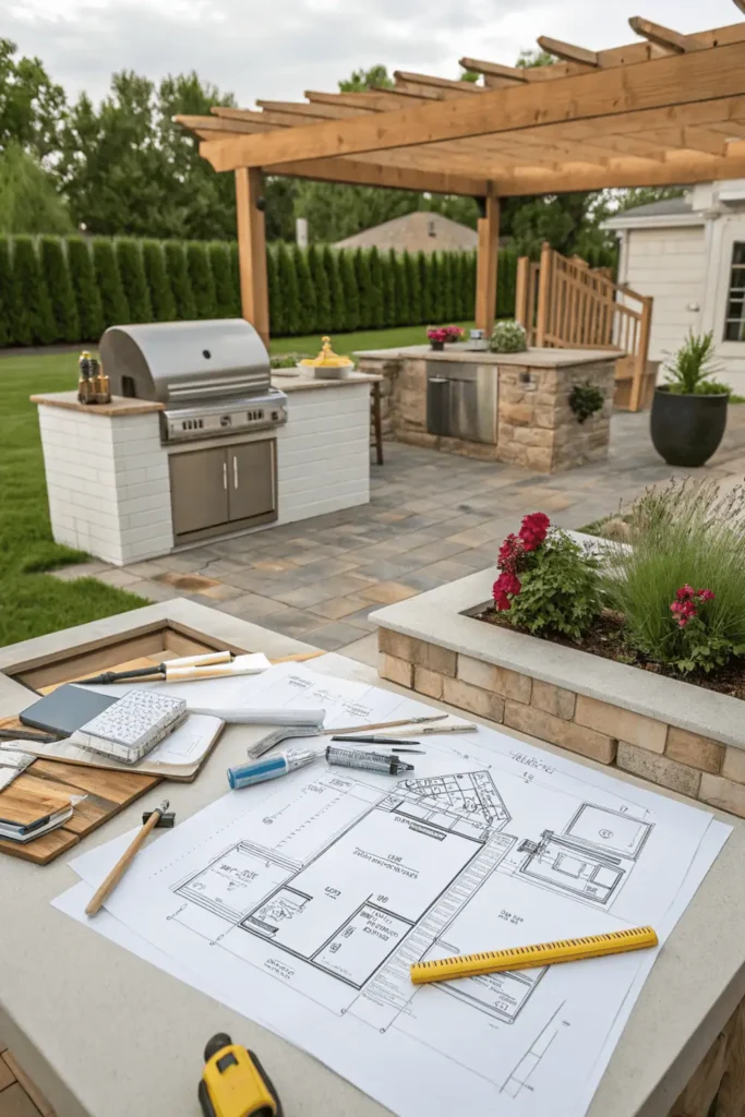 Homeowner planning an outdoor kitchen layout with sketches and materials while a partially built grill and countertop setup stands in the background.