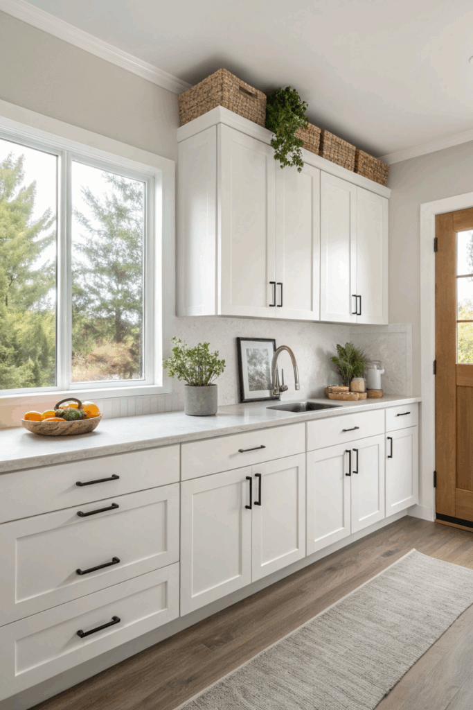 Small rental kitchen with white stock cabinets, simple shaker doors, and light countertops for a clean, refreshed look.
