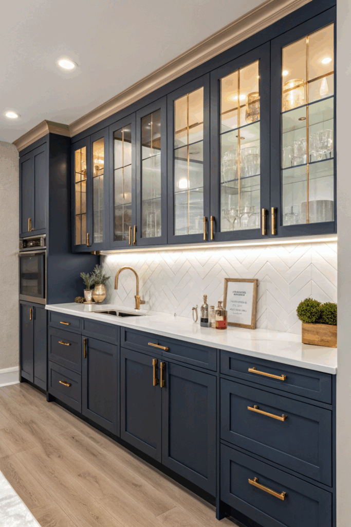Modern kitchen with matte navy cabinets, frosted glass uppers, quartz countertop, and gold hardware showcasing trending finishes.