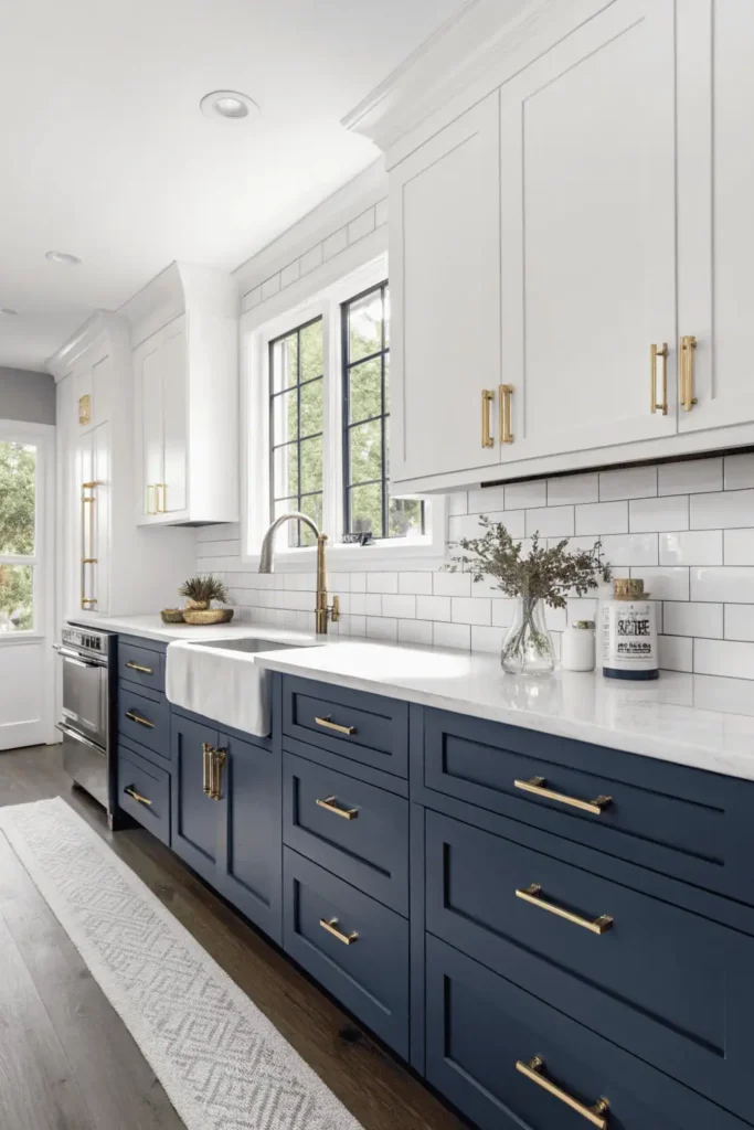 Kitchen with two-tone cabinets featuring white uppers, navy lowers, quartz countertop, and gold hardware for a modern coastal look.