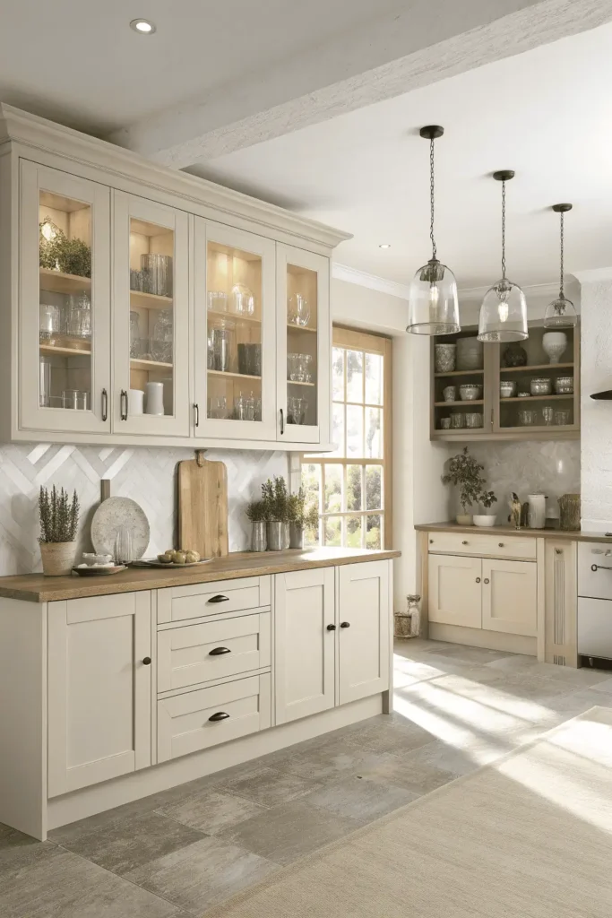 Modern kitchen with shaker, flat-panel, and glass-front cabinets in white and light wood tones, styled with plants and soft natural lighting.