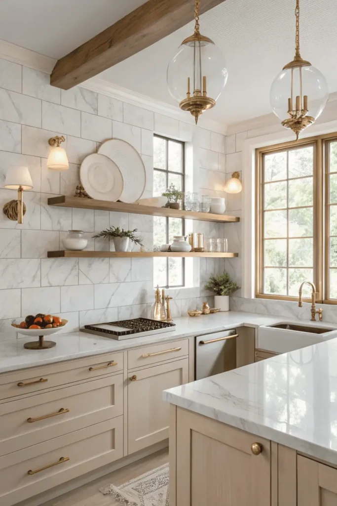 Modern kitchen wall featuring elegant sconces and glass light fixtures casting soft warm light over countertops and backsplash for a cozy, inviting feel.
