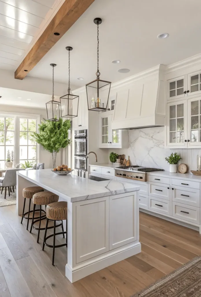 A modern kitchen with sleek white cabinets, marble countertops, pendant lighting, and wooden accents showcasing the latest kitchen design trends for 2025