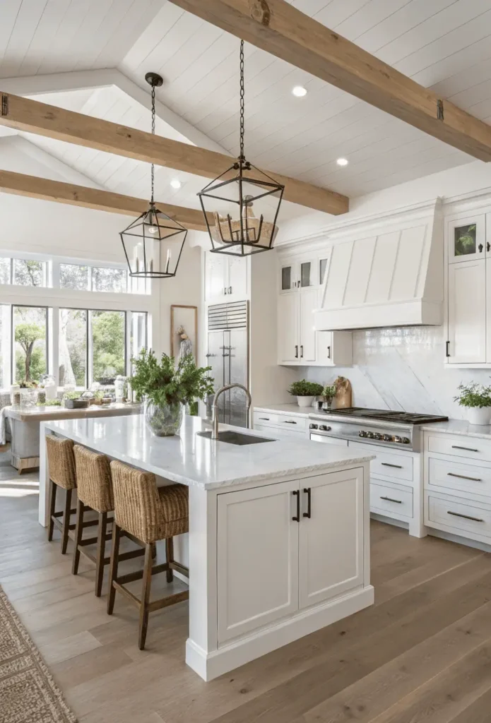 A modern kitchen with sleek white cabinets, marble countertops, pendant lighting, and wooden accents showcasing the latest kitchen design trends for 2025