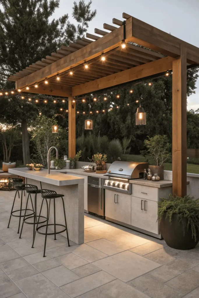 Modern outdoor kitchen with stainless-steel grill, countertop, and sink under a wooden pergola surrounded by plants and warm lighting.