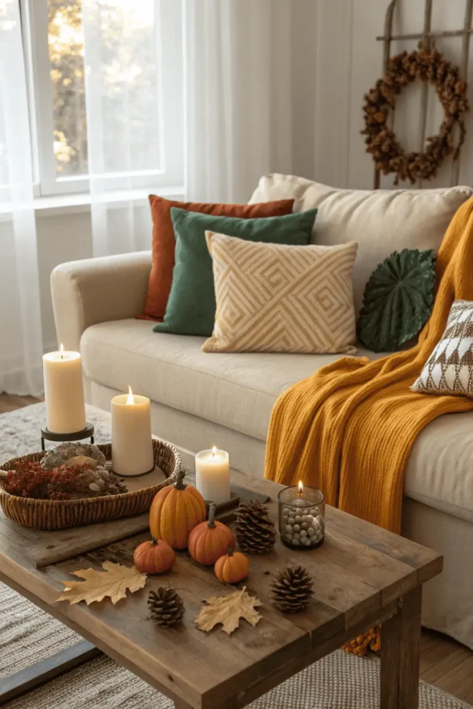 Cozy fall living room decorated with pumpkins, candles, and warm-toned pillows on a beige sofa, showcasing elegant fall decor ideas for the home with natural textures and autumn colors.