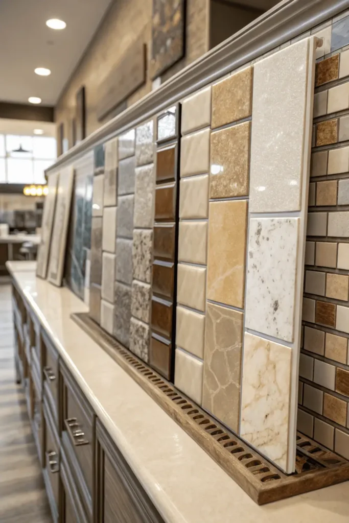 Various kitchen tile samples including ceramic, porcelain, and stone types placed together showing textures, finishes, and colors used for walls, floors, and backsplashes in modern kitchens.