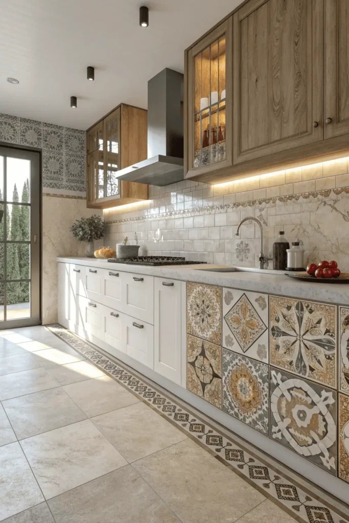 Modern kitchen interior showcasing elegant tile designs on backsplash and flooring, featuring marble, ceramic, and mosaic textures in warm natural light.