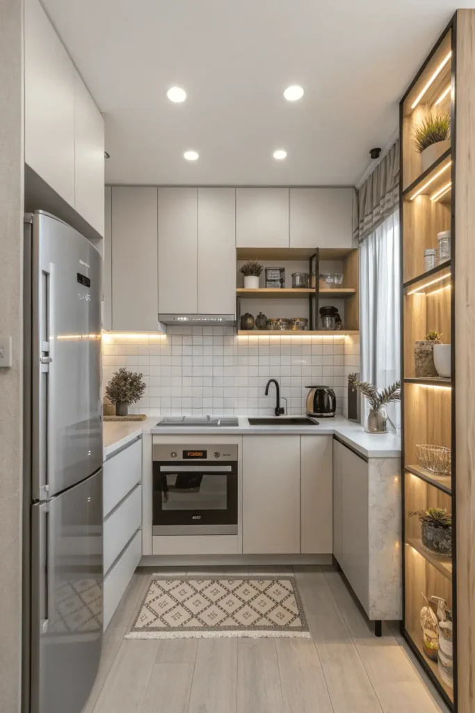 Compact modern kitchen with glossy tiles, small appliances, and efficient layout demonstrating tiny kitchen design.