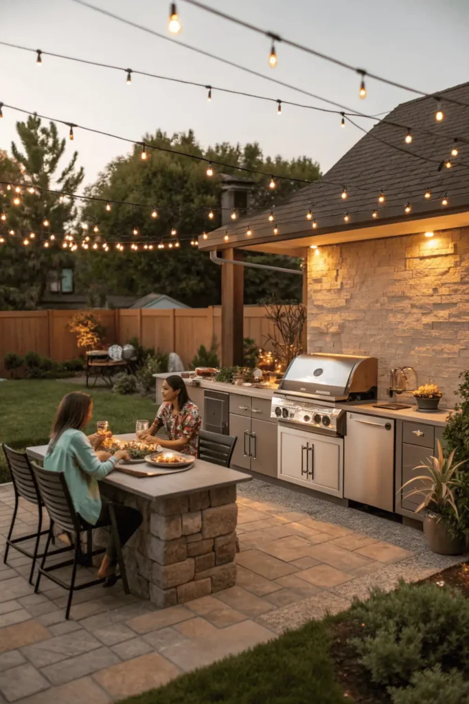 Family enjoying a warm evening around a modern outdoor kitchen with a grill, stone counter, and string lights, symbolizing outdoor living and togetherness.