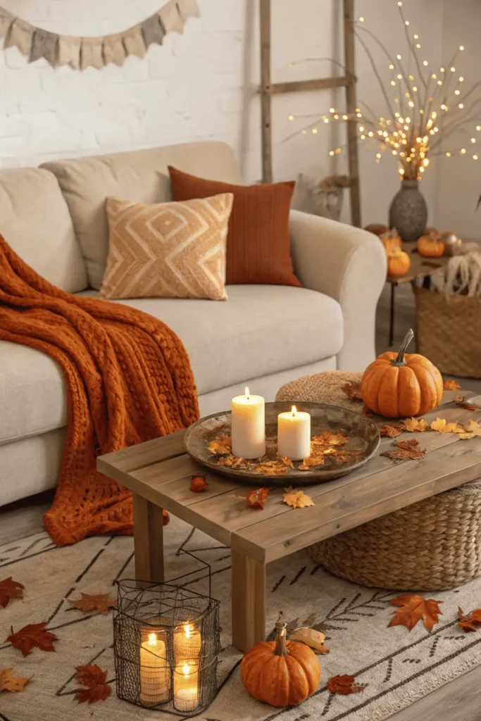Cozy living room with autumn colors, candles, pumpkins, and warm lighting, showing why it’s important to decorate for fall and how seasonal décor creates comfort and relaxation at home.