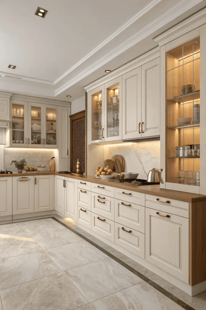Bright modern kitchen with organized white and light wood cabinets, under-cabinet lighting, and neatly arranged cookware showing style and functionality.
