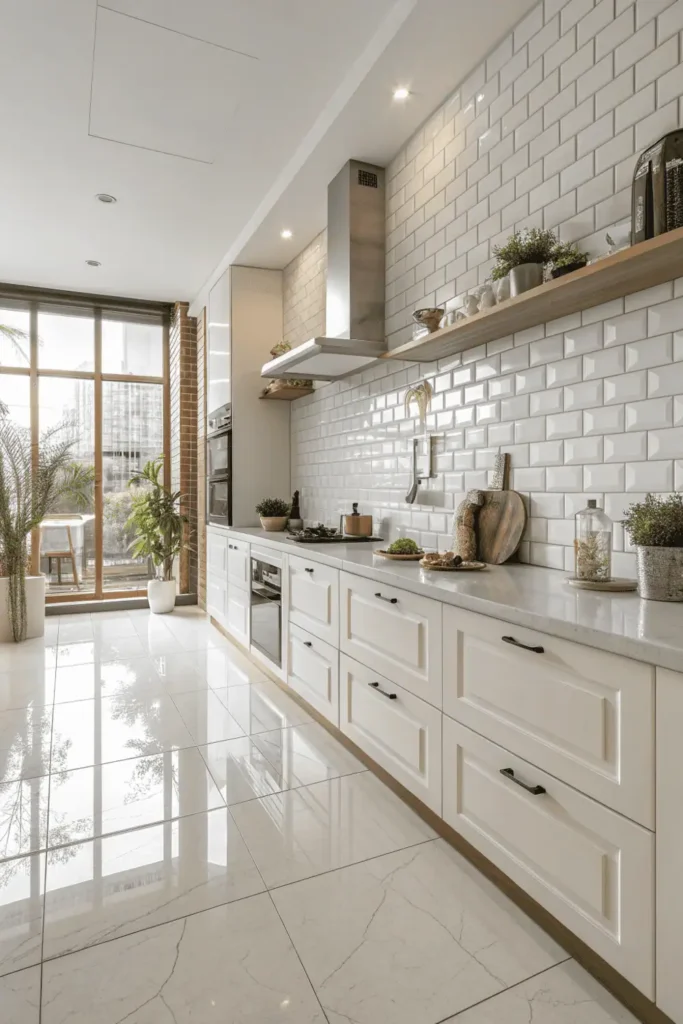 Modern kitchen with stylish backsplash and floor tiles showing how good tile design enhances beauty, durability, and easy maintenance in a functional cooking space.