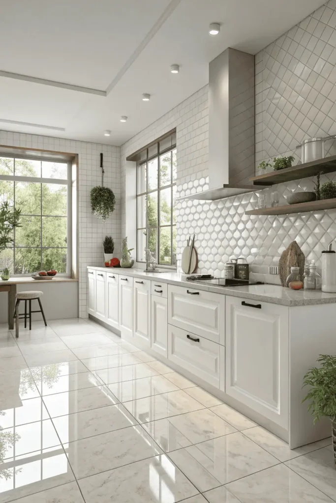 Modern kitchen with stylish backsplash and floor tiles showing how good tile design enhances beauty, durability, and easy maintenance in a functional cooking space.