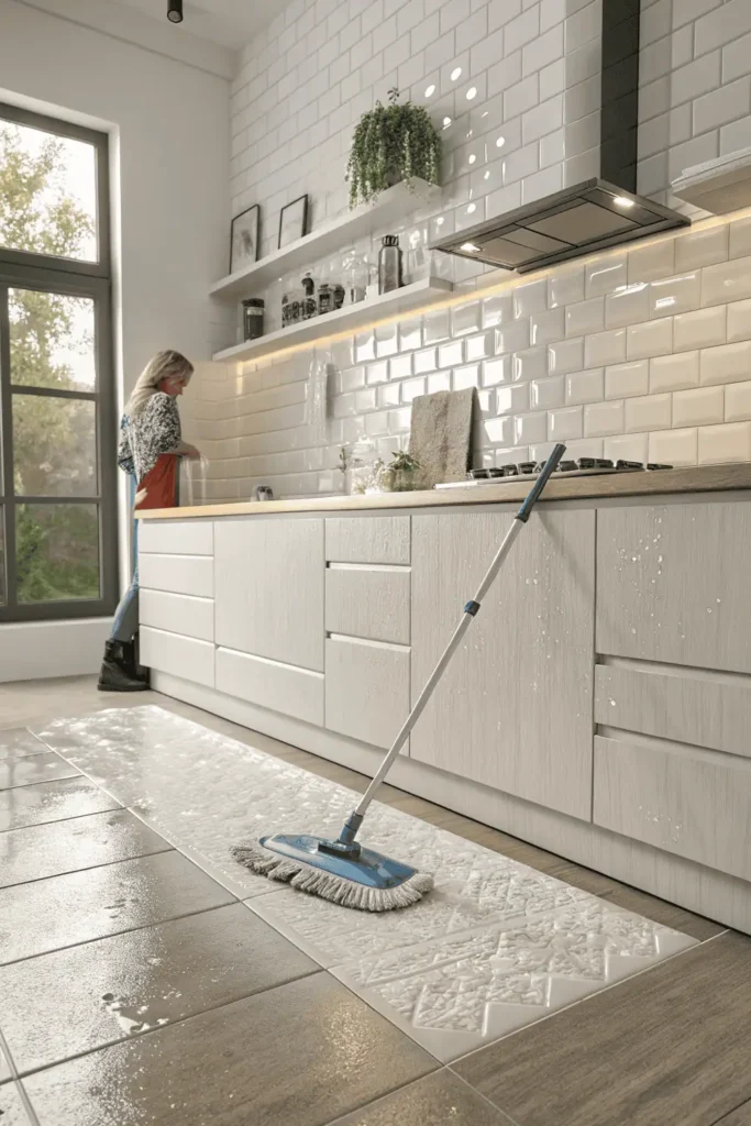 Modern kitchen with glossy wall tiles and slip-resistant floor tiles showing protection from spills, durability, and easy maintenance that enhances style and safety in daily cooking activities.