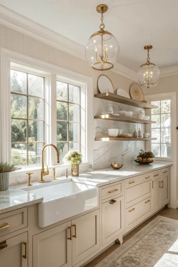 Bright kitchen interior showing brass sconces and glass wall lights illuminating countertops and backsplash, enhancing both functionality and cozy ambiance.