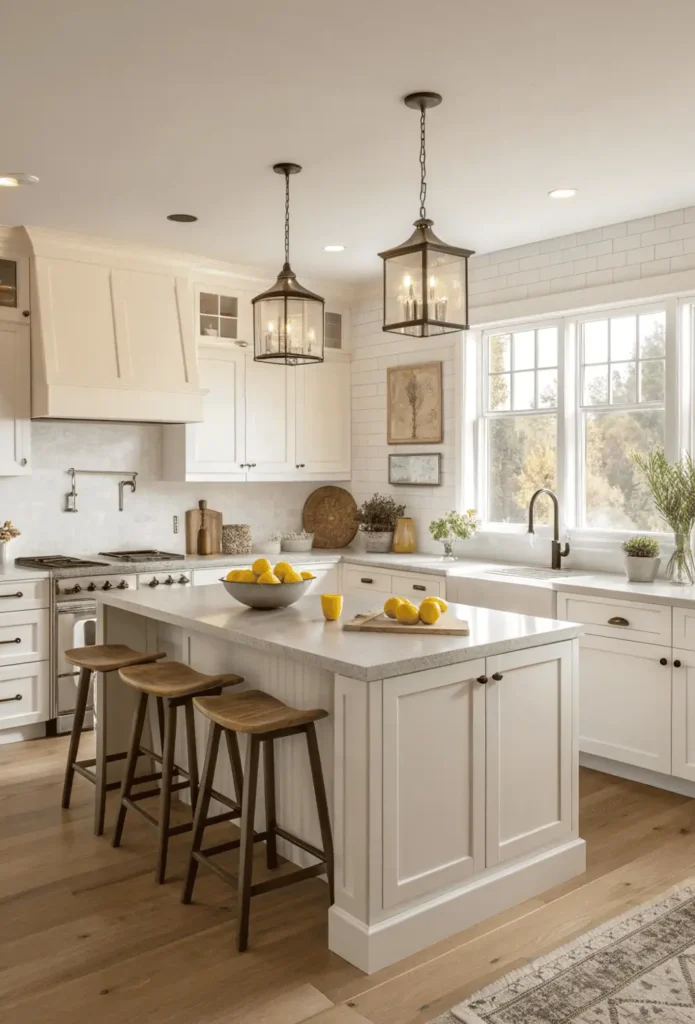 A modern kitchen with sleek white cabinets, marble countertops, pendant lighting, and wooden accents showcasing the latest kitchen design trends for 2025