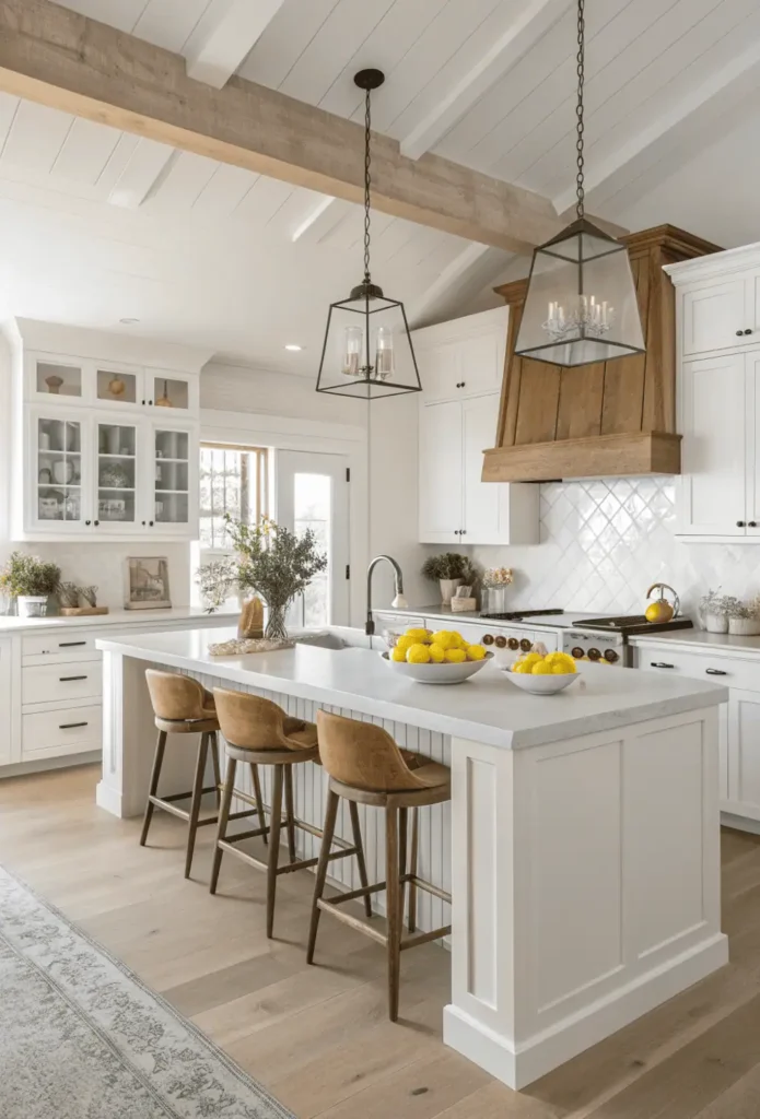 A modern kitchen with sleek white cabinets, marble countertops, pendant lighting, and wooden accents showcasing the latest kitchen design trends for 2025