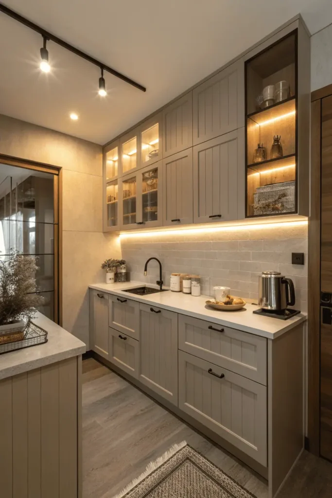 Functional tiny kitchen showcasing efficient storage, bright lighting, and modern minimalist design.